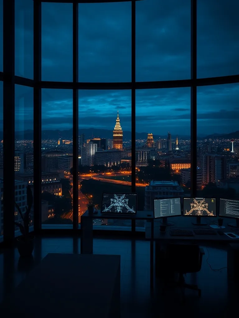 Modern dark office interior with large windows overlooking B