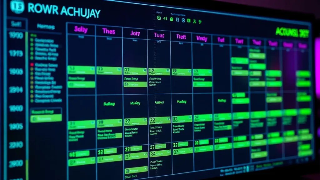 A high-tech digital interface showing a complex calendar gri