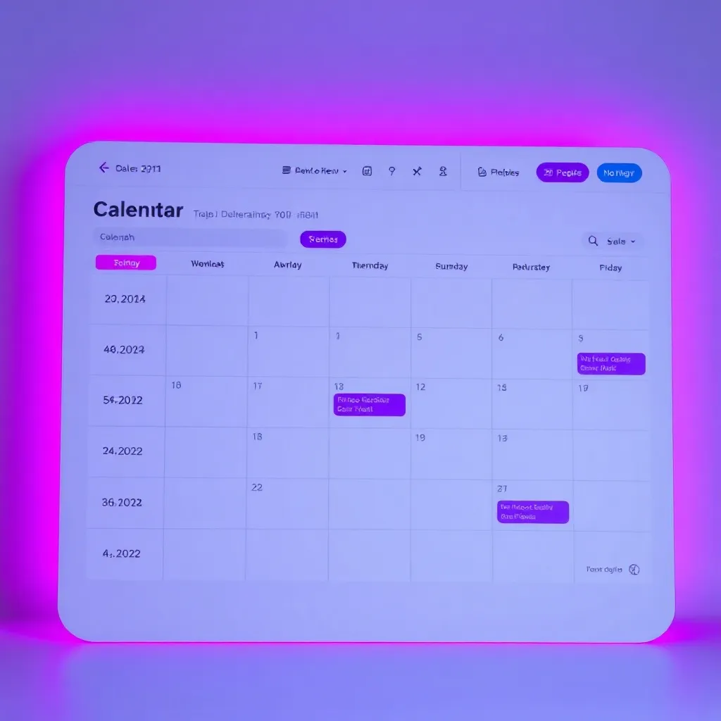 A minimalist digital calendar interface with glowing neon pu