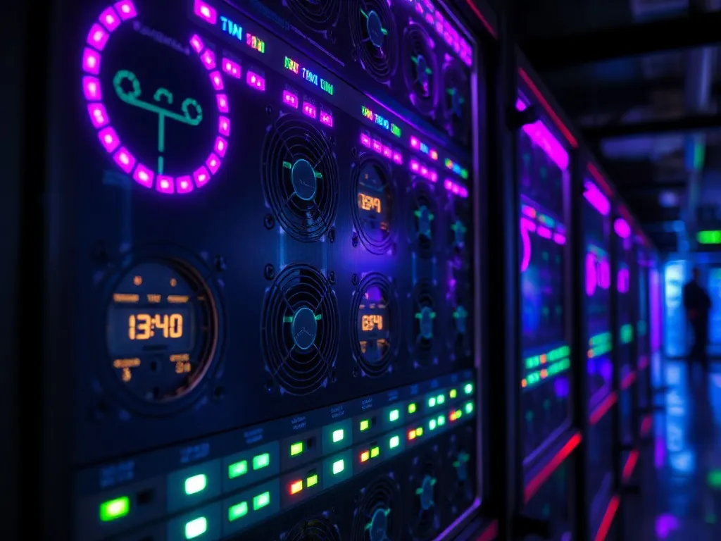 Cinematic close-up of a high-tech server rack with purple an