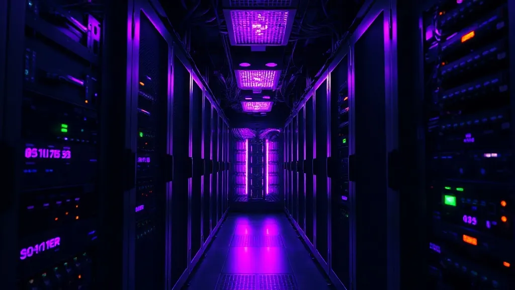 A dark server room with glowing violet cables and profession