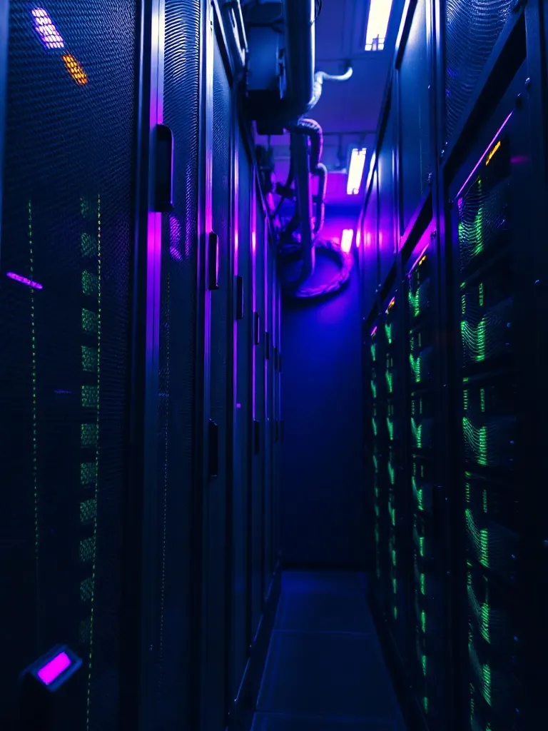 Close-up of high-tech server racks in a dark data center wit