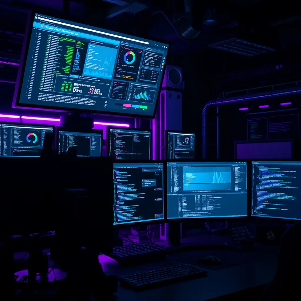 A high-tech workspace with multiple clean monitors showing d